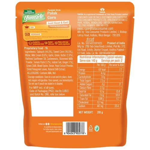 Tata Sampann Yumside Punjabi Style Palak Corn - Ready To Eat Meal, 285 g-2.webp